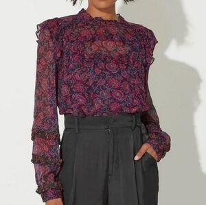 Cleobella Fiorella Long Sleeve Mesh Blouse in Bordeaux Floral Size M Women's